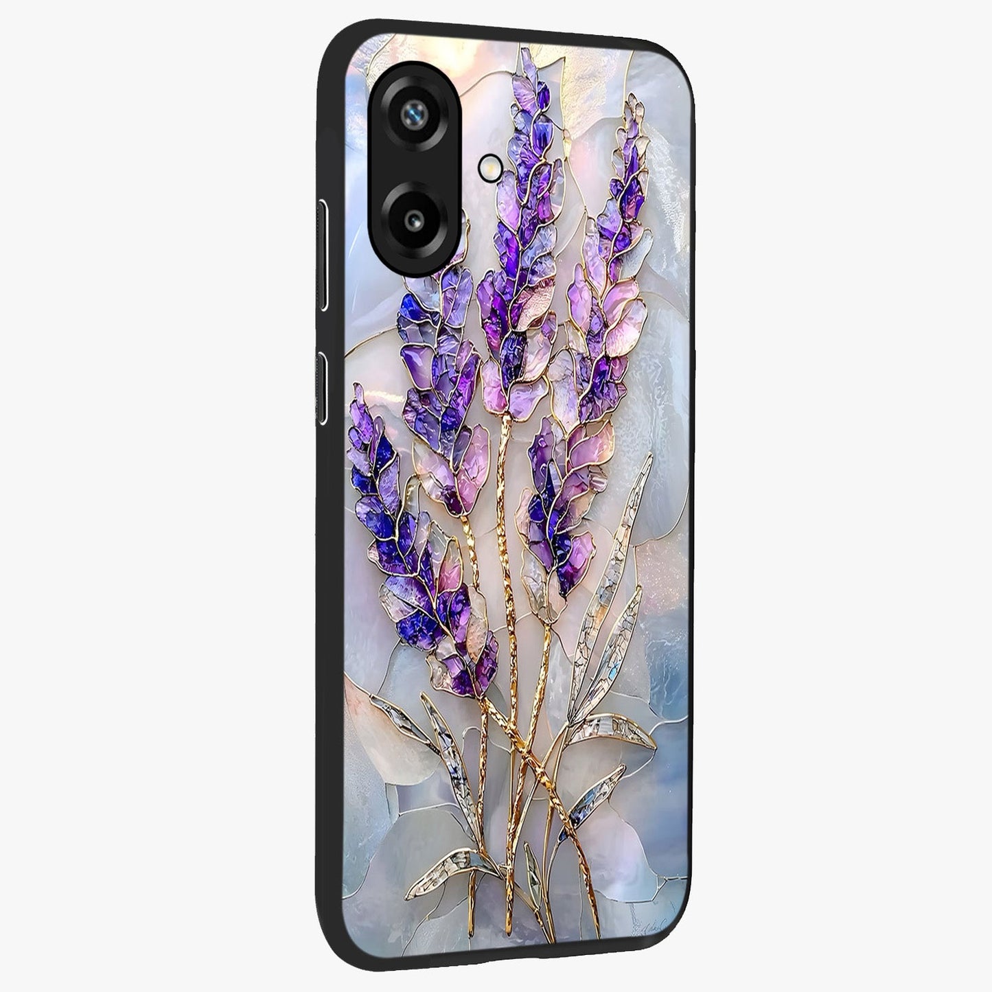 Lavender Dream Glow Glass Case upright view showcasing radiant lavender glow artwork with calming dreamy theme.