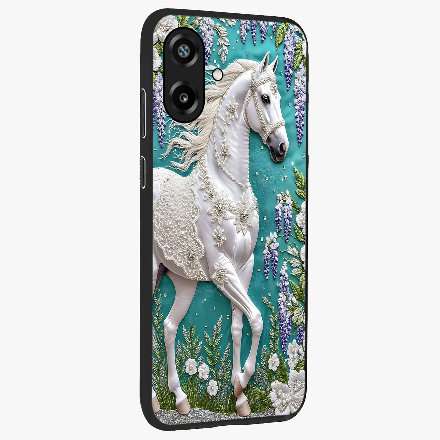 Majestic Floral Stallion Glass Case upright view showcasing dramatic horse artwork with decorative floral theme.