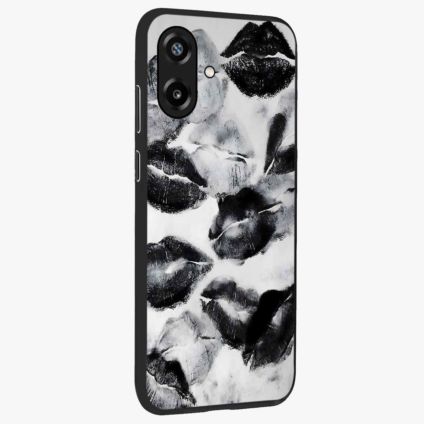 Midnight Kiss Marks Glass Case upright view showcasing stylish kiss mark artwork with trendy romantic theme.
