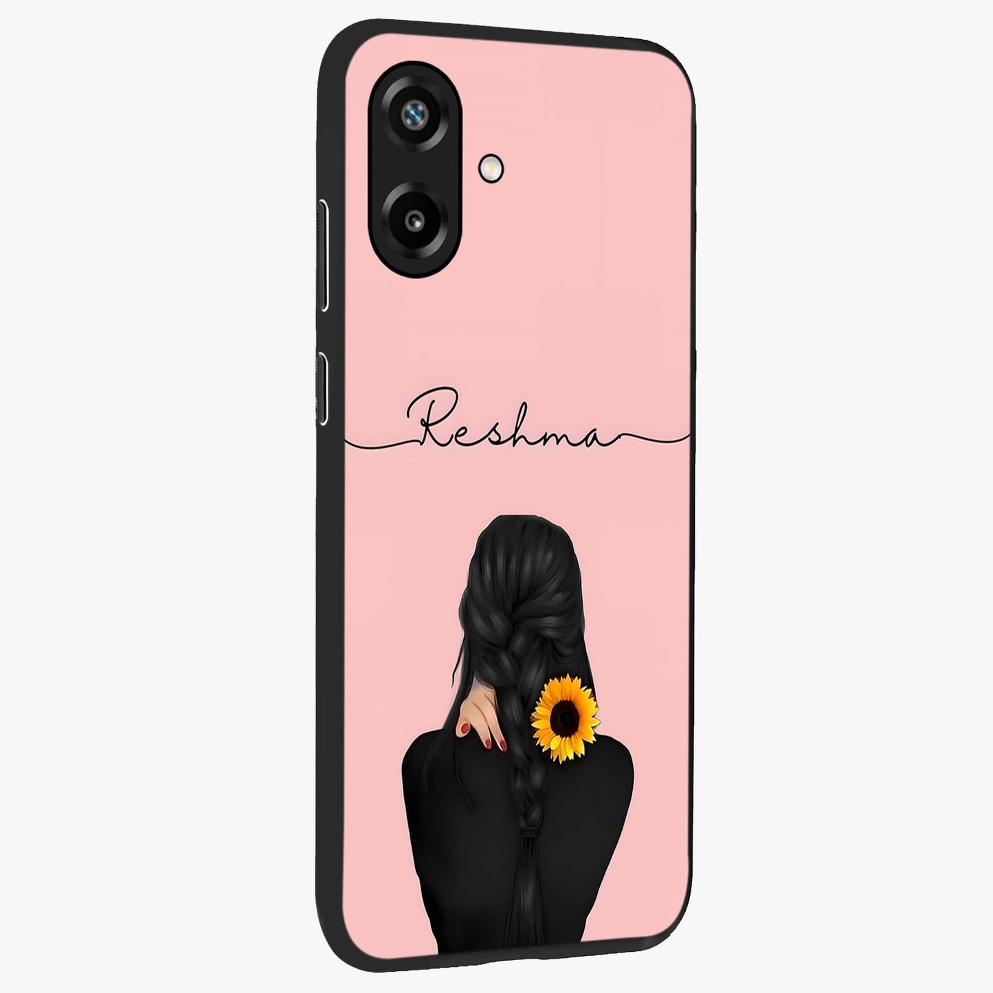 Sunflower Braid Beauty With Custom Name Glass Case upright view showcasing bright sunflower artwork with personalized floral aesthetic.