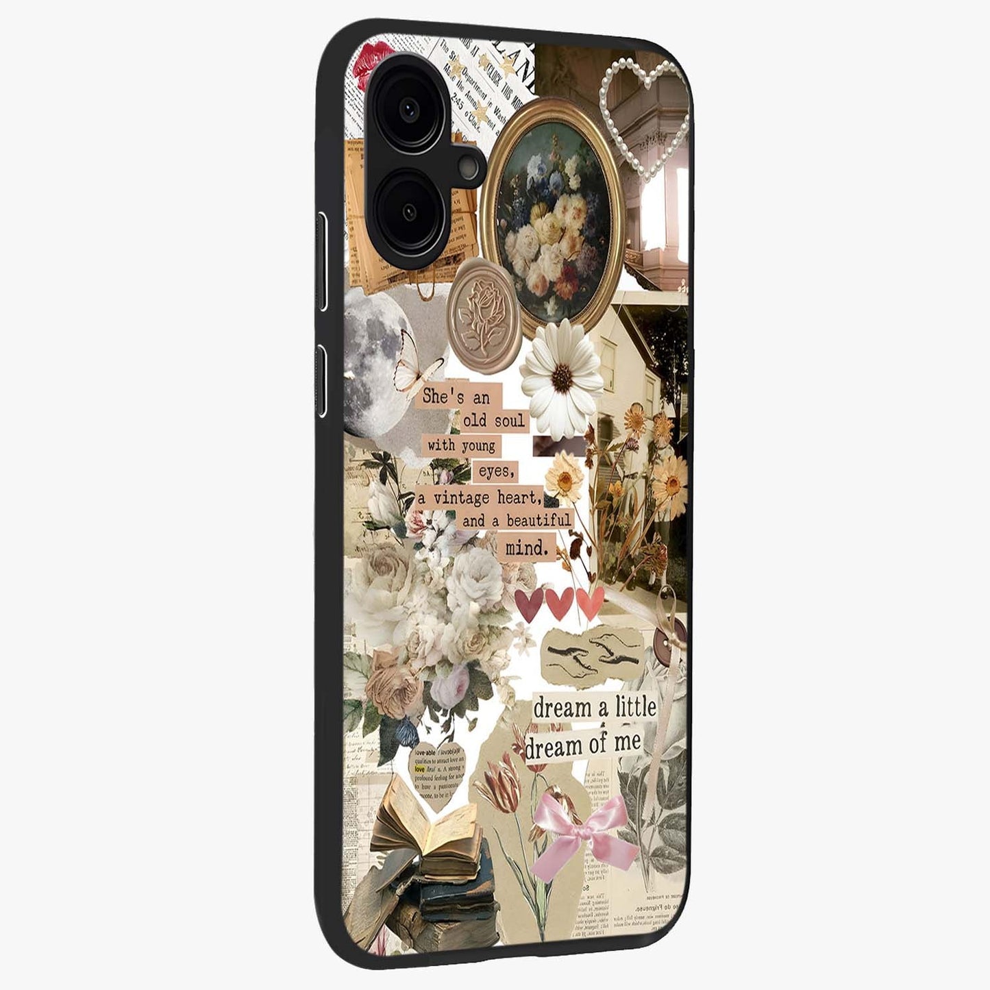 Aesthetic Brown Vintage Collage Glass Case upright view showcasing nostalgic retro artwork with stylish vintage theme.