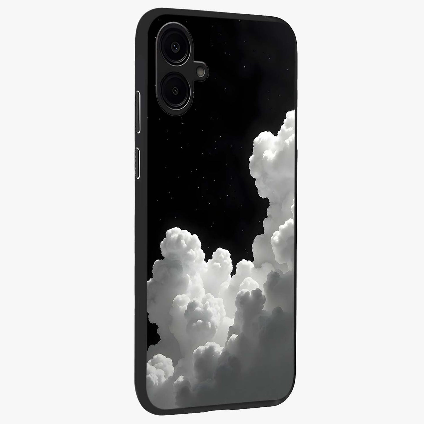 Black Background With White Cloud Glass Case upright view showcasing calm cloud aesthetic with modern minimal style.