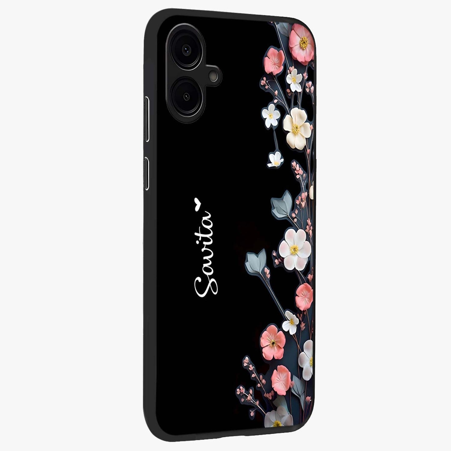 Black Elegance Floral Custom Name Glass Case upright view showcasing luxurious black floral design with personalized name detail.
