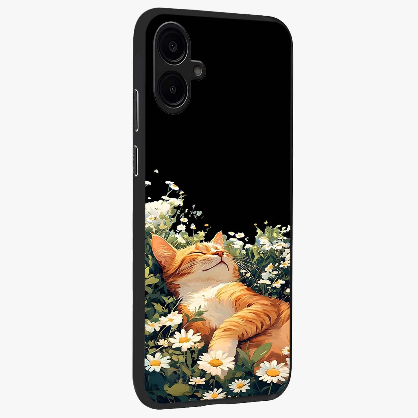 Blissful Bloom Cat Glass Case upright view showcasing charming cat design surrounded by blooming floral elements.