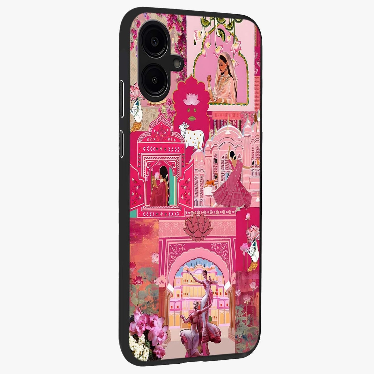 Blossoms of Rajasthan Glass Case upright view showcasing colorful floral design inspired by traditional Indian art.
