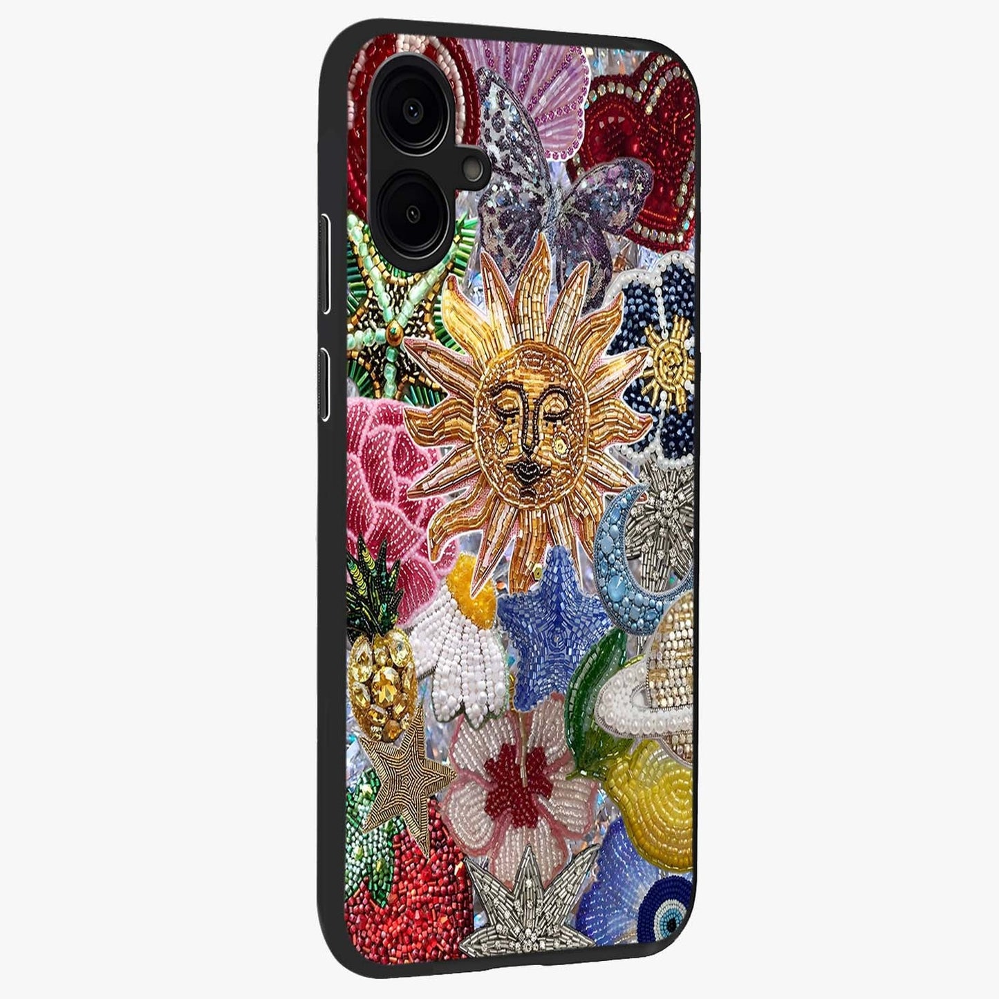 Celestial Floral and Playful Glass Case upright view showcasing whimsical floral artwork with cosmic aesthetic theme.
