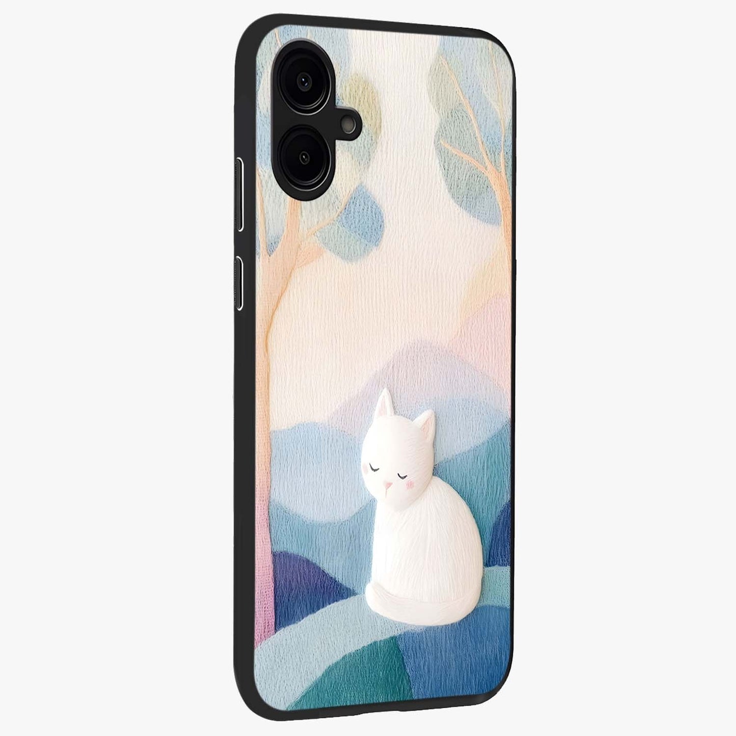 Cotton Dream Cat Glass Case upright view showcasing charming cat artwork with cozy dreamy theme.
