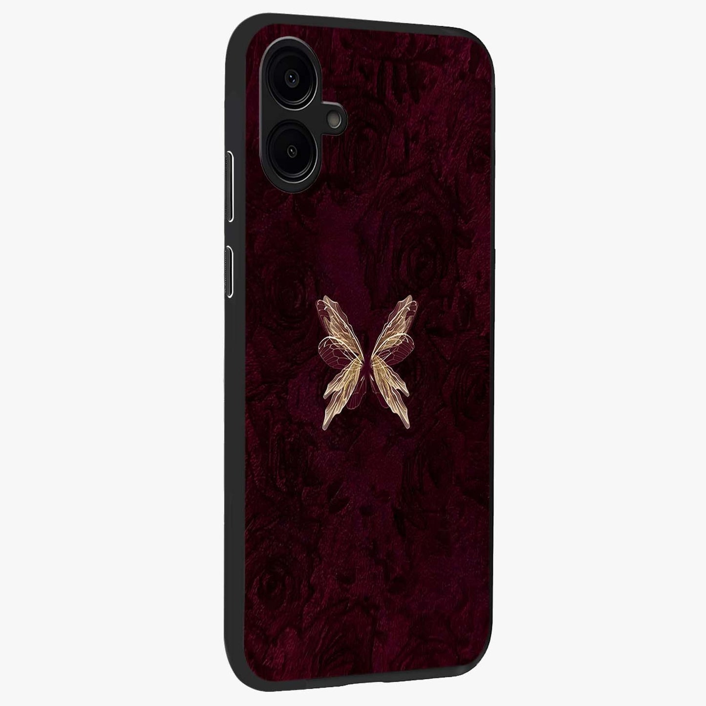 Crimson Fade Butterfly Glass Case upright view showcasing graceful butterfly artwork with soft crimson fade effect.