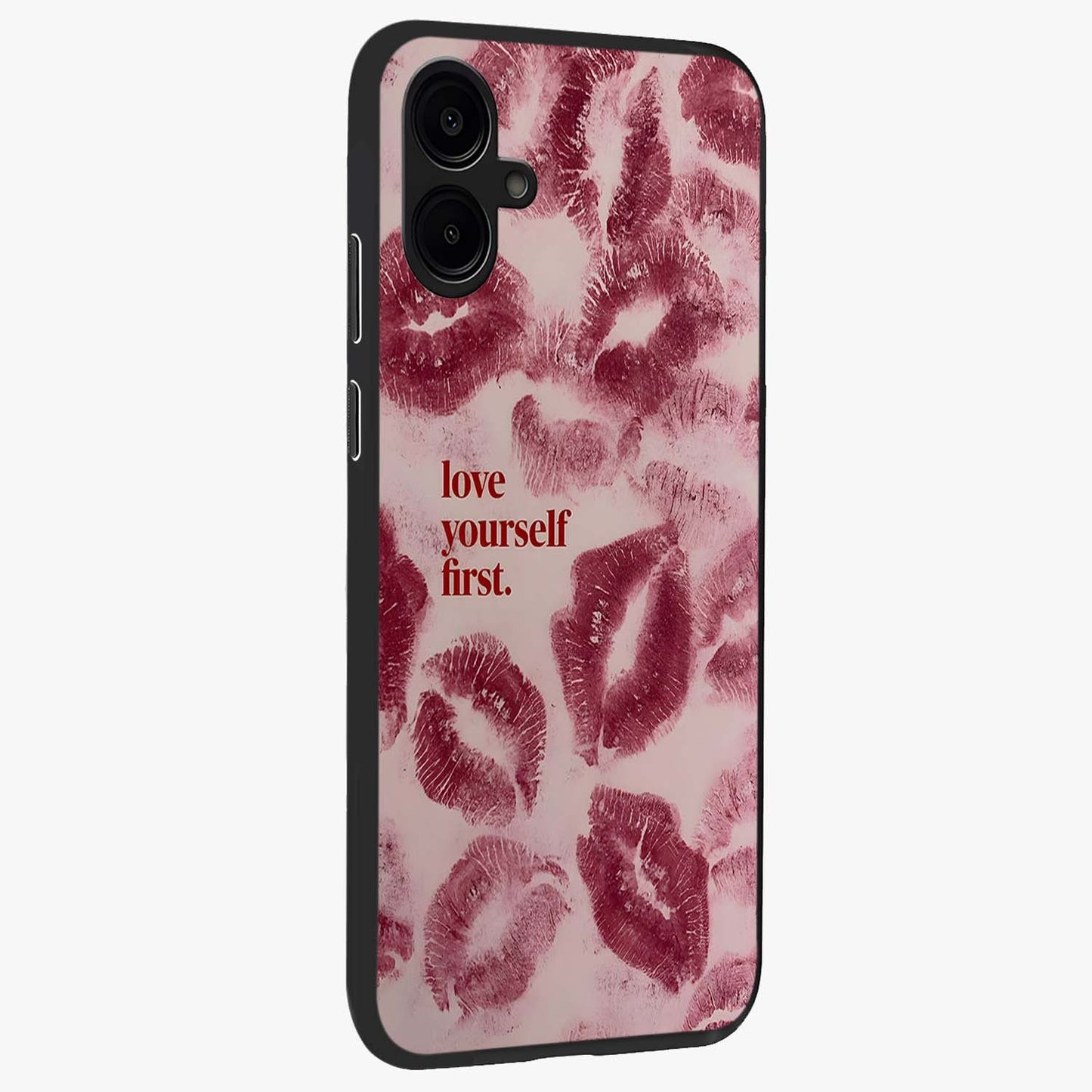Crimson Kiss Love Glass Case upright view showcasing expressive romantic artwork with deep crimson theme.