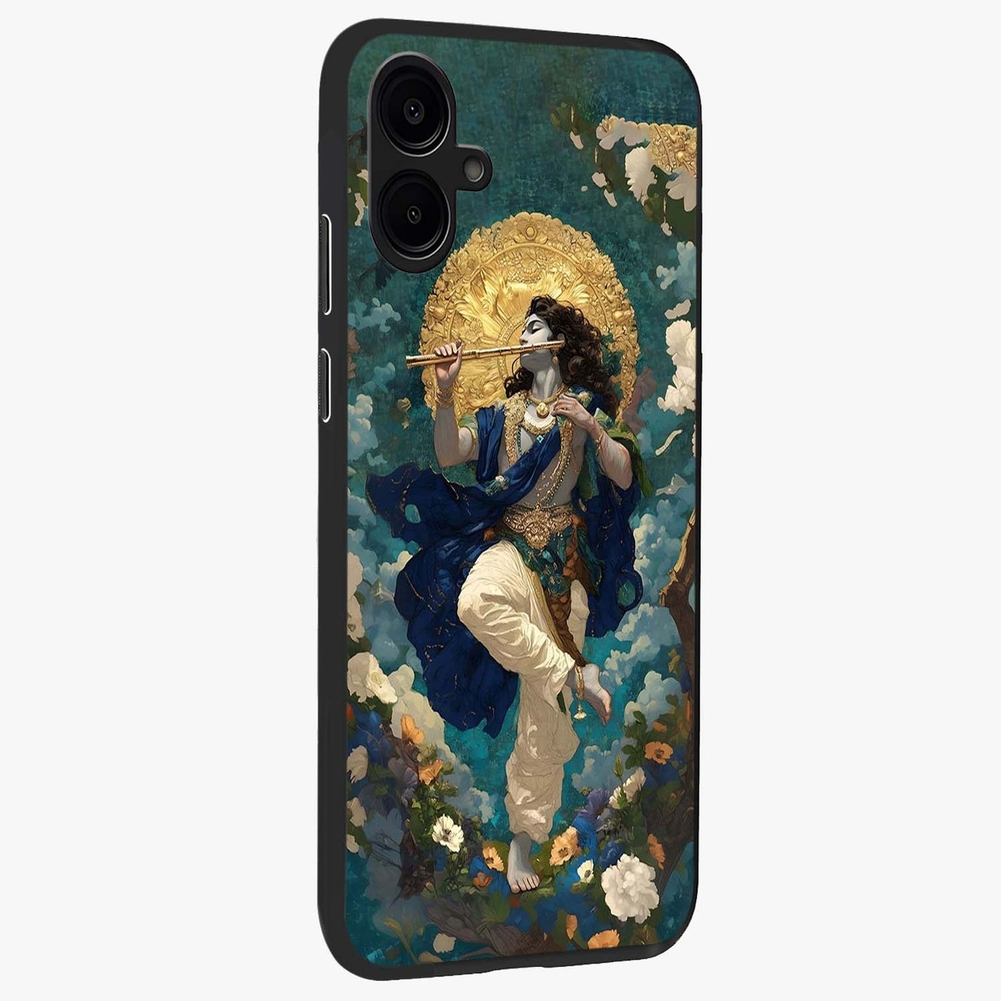 Divine Krishna Art Glass Case upright view showcasing divine Krishna artwork with sacred artistic theme.