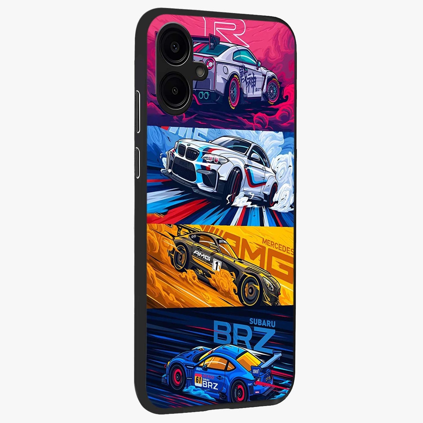 JDM Sports Car Glass Case upright view showcasing dynamic sports car artwork with bold racing theme.