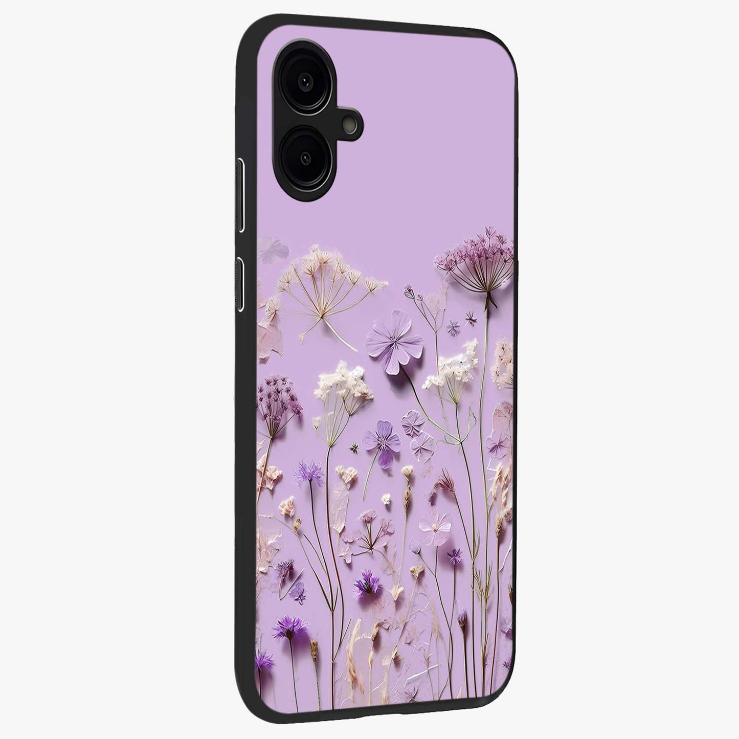 Lavender Blossom Dream Glass Case upright view showcasing delicate lavender blossom artwork with peaceful floral theme.