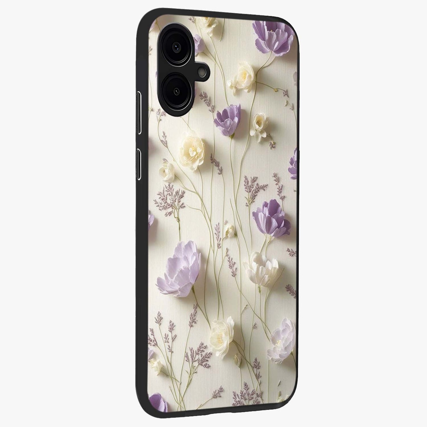 Lilac Breeze Harmony Glass Case upright view showcasing delicate lilac artwork with peaceful floral theme.