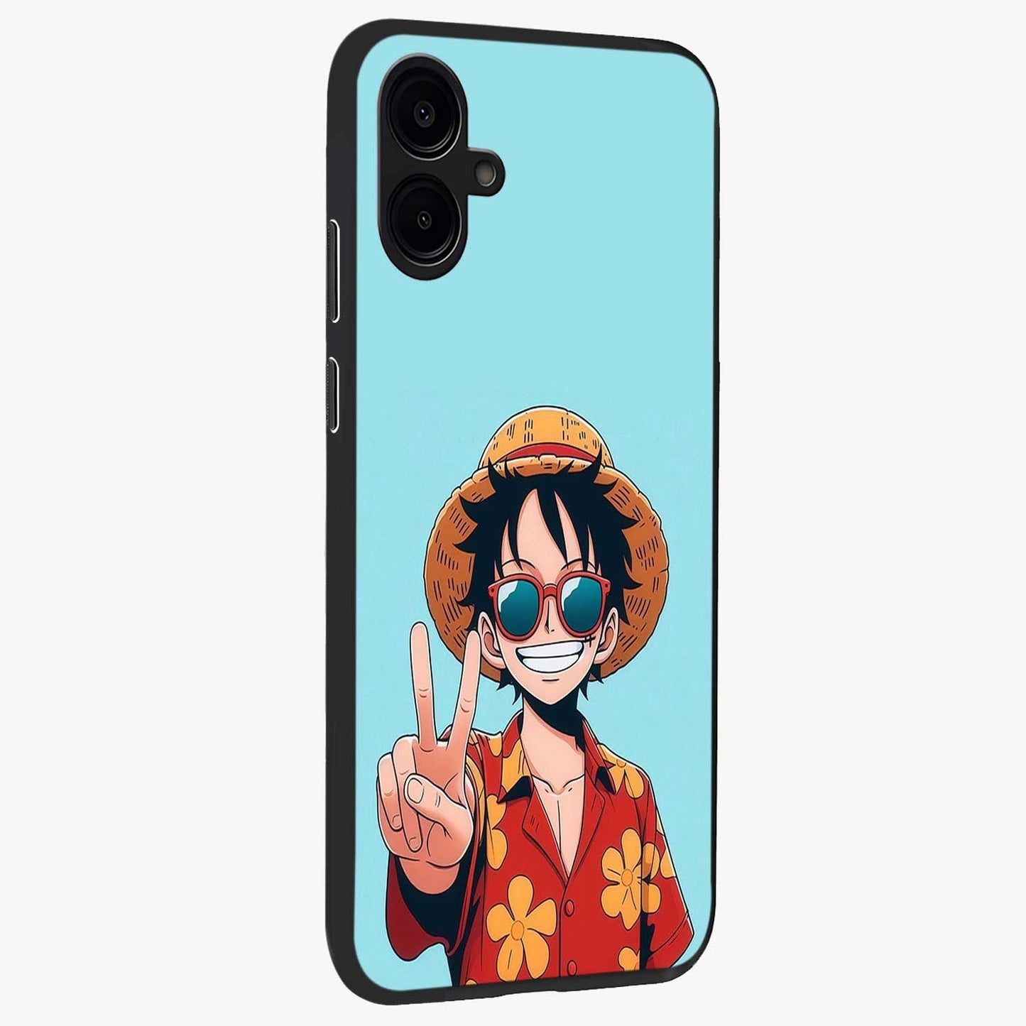 Luffy Summer Anime Vibe Glass Case upright view showcasing dynamic anime artwork with bright adventurous theme.