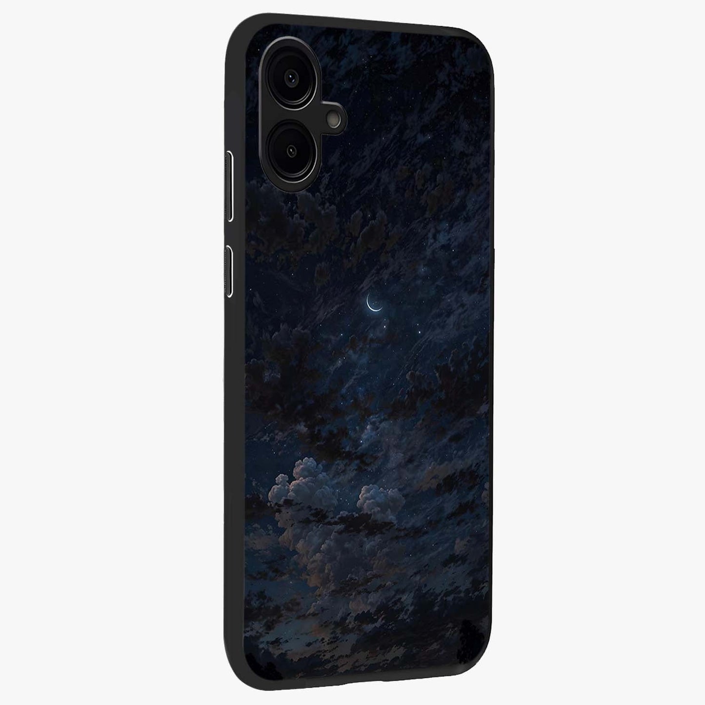 Lunar Veil Silence Glass Case upright view showcasing calm moon themed artwork with serene night atmosphere.