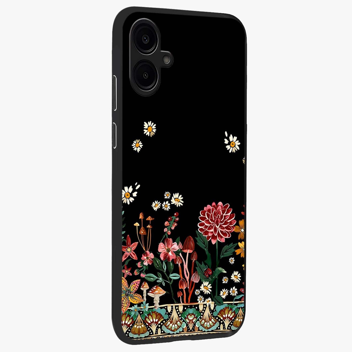 Midnight Bloom Pattern Glass Case upright view showcasing decorative floral artwork with deep night themed palette.