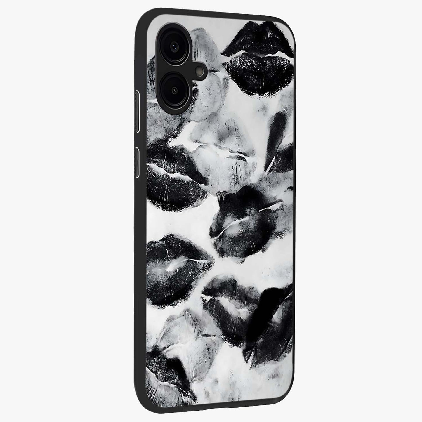 Midnight Kiss Marks Glass Case upright view showcasing stylish kiss mark artwork with trendy romantic theme.