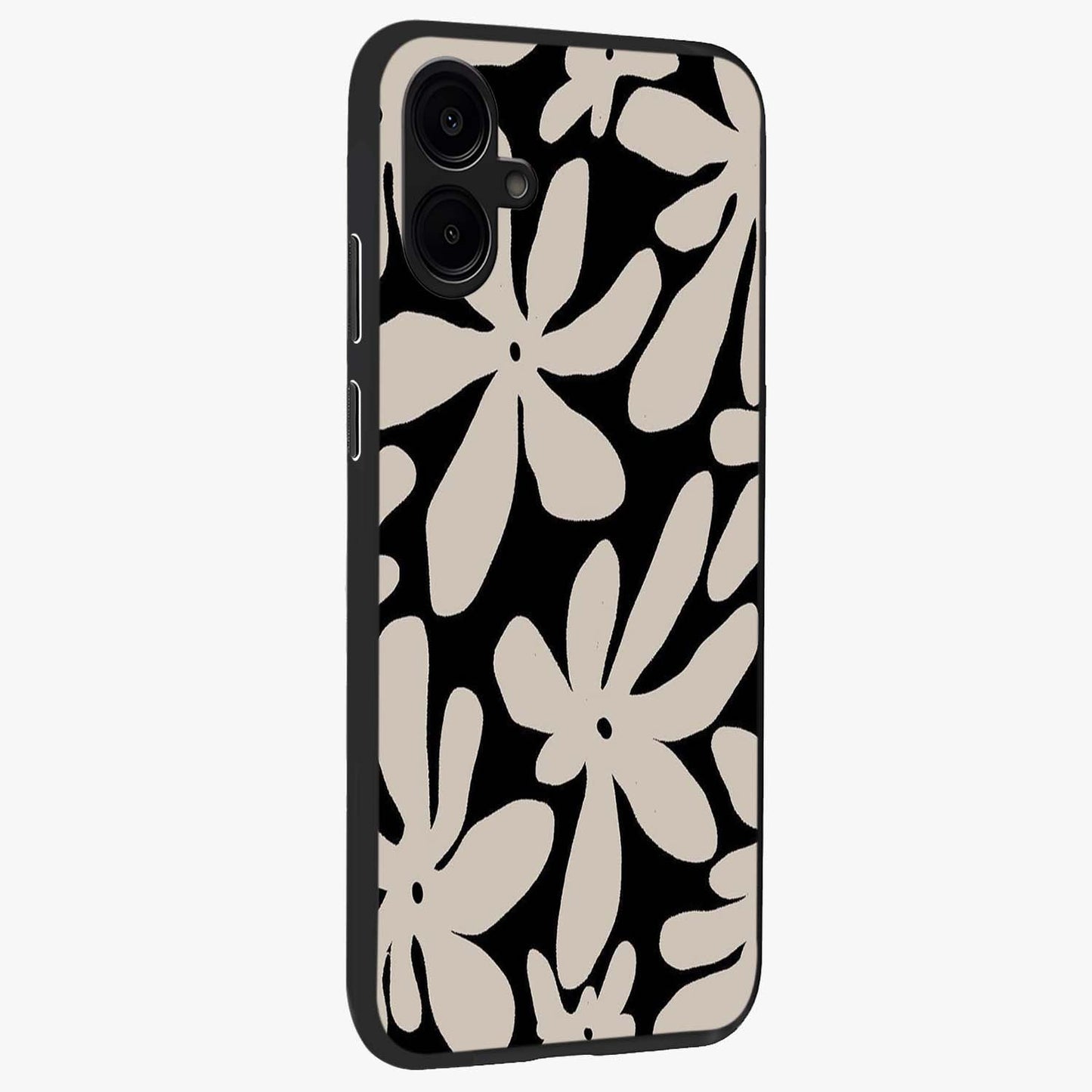 Monochrome Petal Dance Glass Case upright view showcasing artistic floral pattern with stylish monochrome theme.