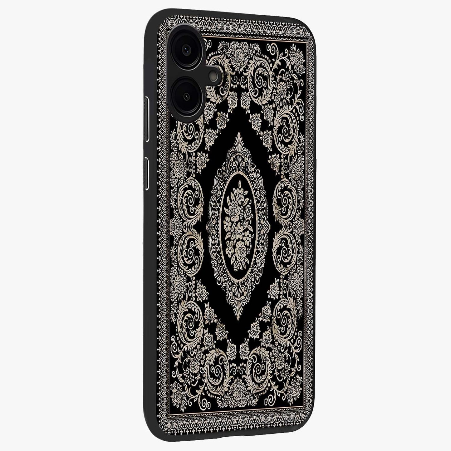 Noir Bloom Elegance Glass Case upright view showcasing graceful floral artwork with luxurious dark theme.