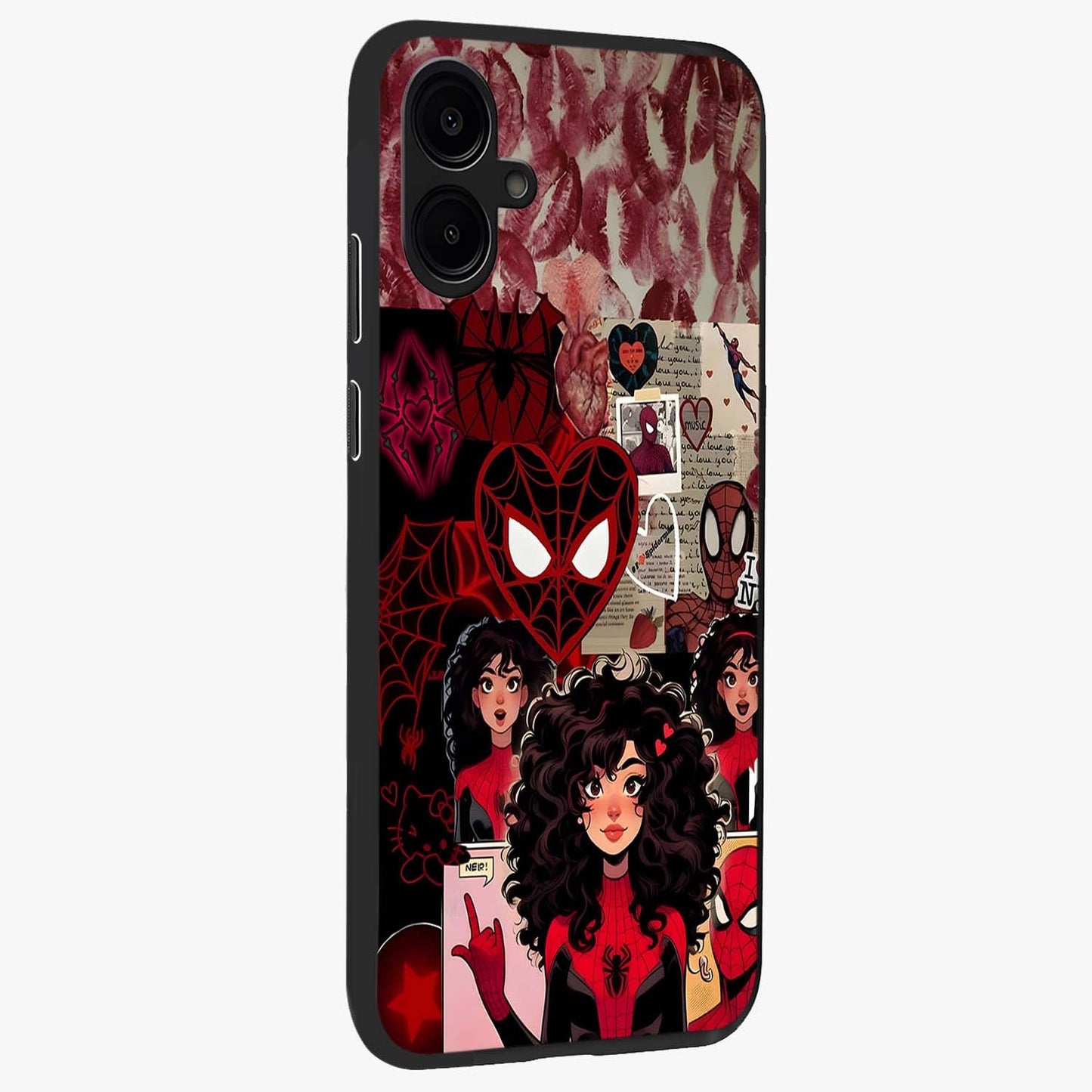 Spider Love Story Glass Case upright view showcasing charming superhero artwork with romantic comic theme.