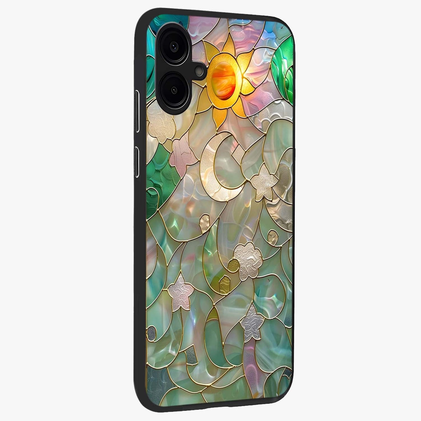 Stained Sunrise Glow Glass Case upright view showcasing colorful sunrise artwork with warm morning theme.