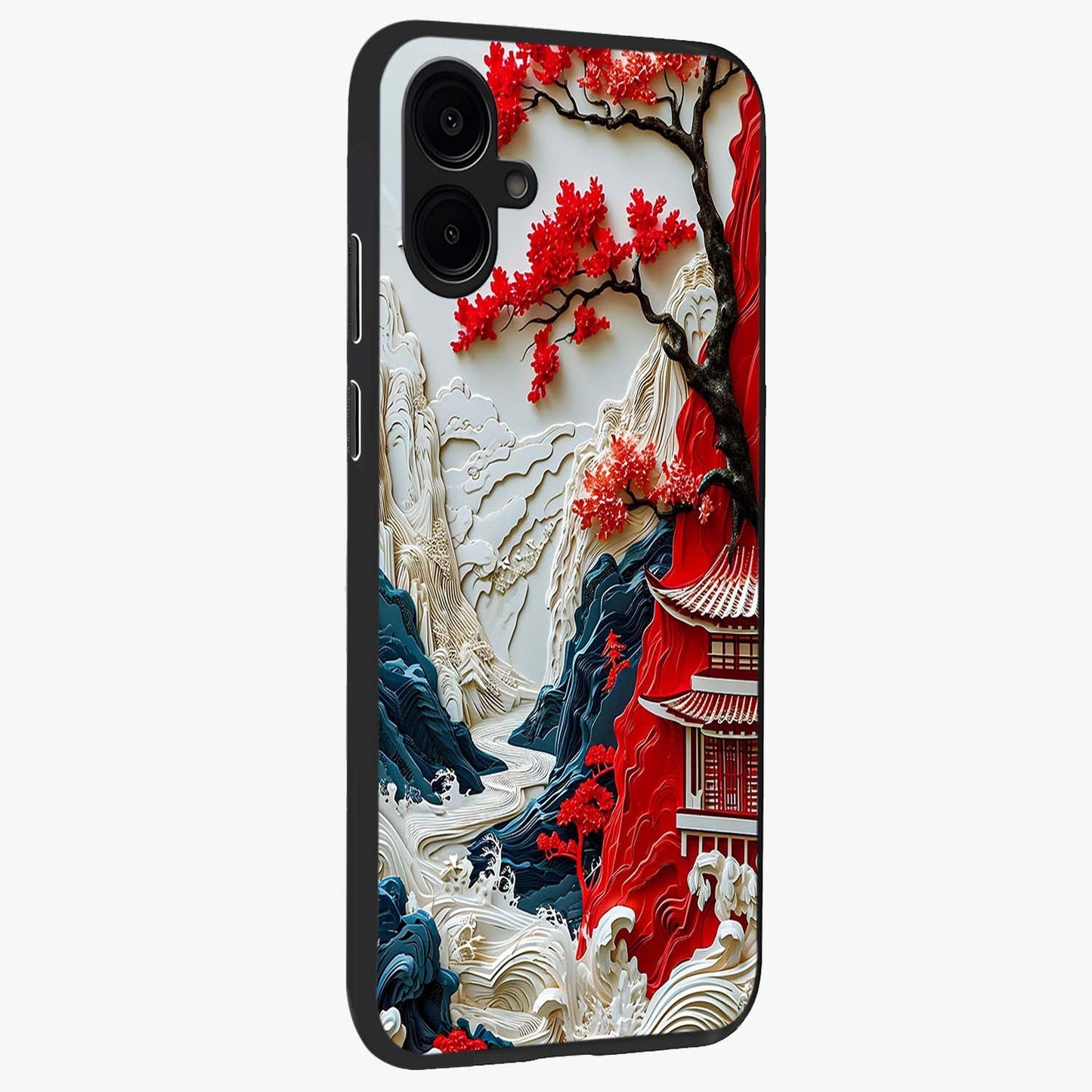 Whispers Of Sakura Waves Glass Case upright view showcasing delicate cherry blossom artwork with elegant nature theme.