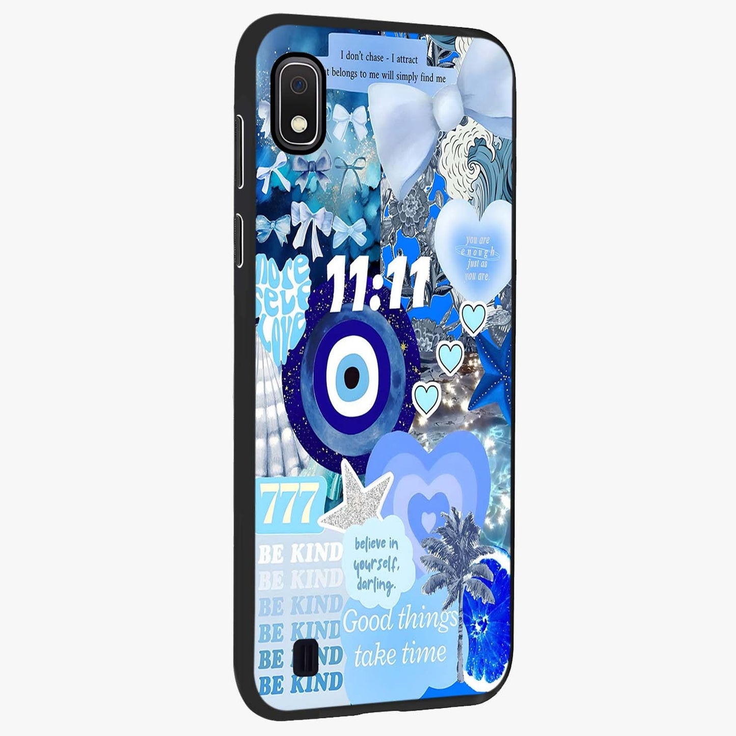 Aesthetic Be Kind Eye Glass Case upright view showcasing stylish eye illustration with positive message theme.