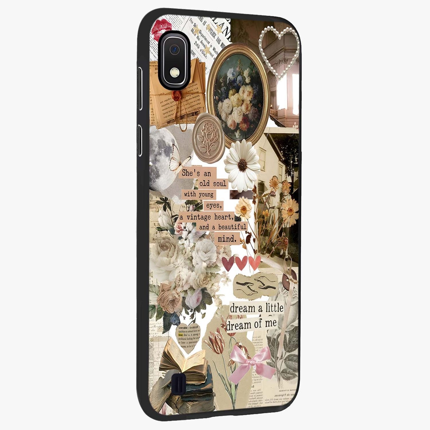 Aesthetic Brown Vintage Collage Glass Case upright view showcasing nostalgic retro artwork with stylish vintage theme.