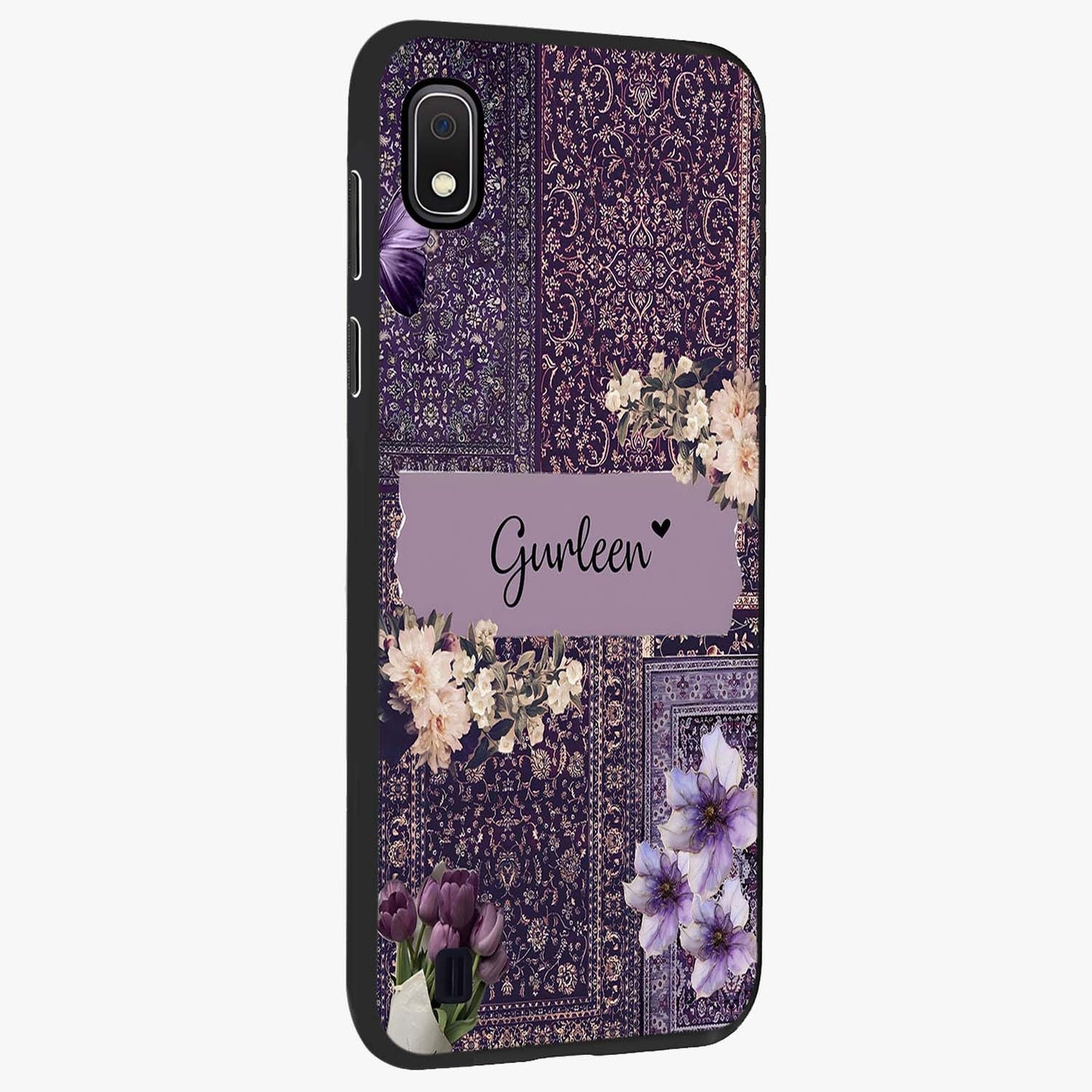 Antique Floral Whisper Custom Name Glass Case upright view showcasing delicate floral artwork with custom name feature.