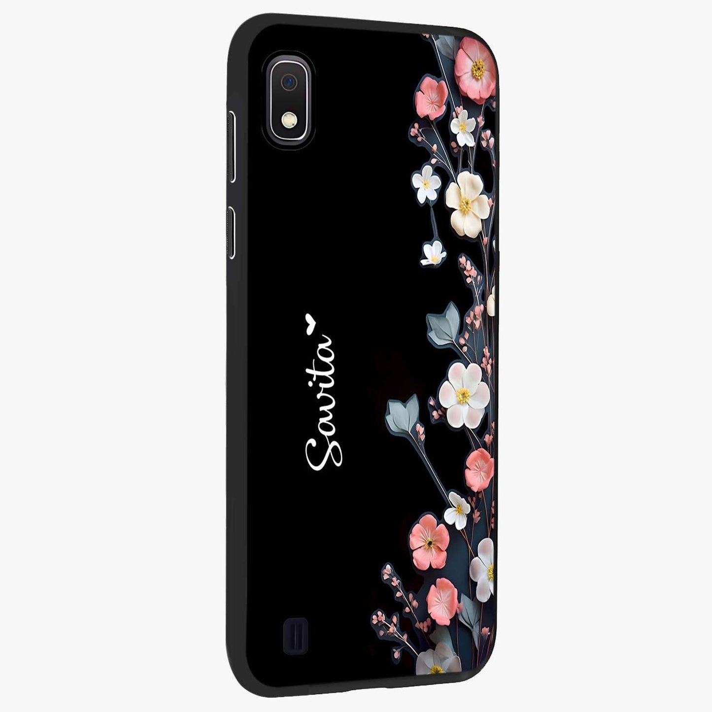 Black Elegance Floral Custom Name Glass Case upright view showcasing luxurious black floral design with personalized name detail.