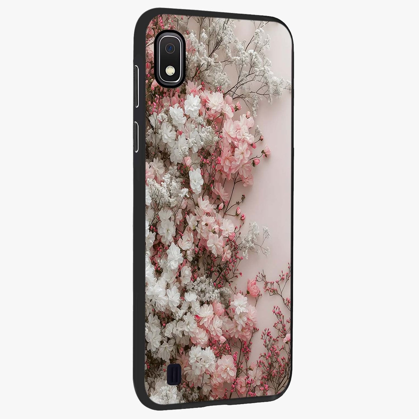 Blush Blossom Cloud Glass Case upright view showcasing calm floral cloud artwork with gentle dreamy theme.