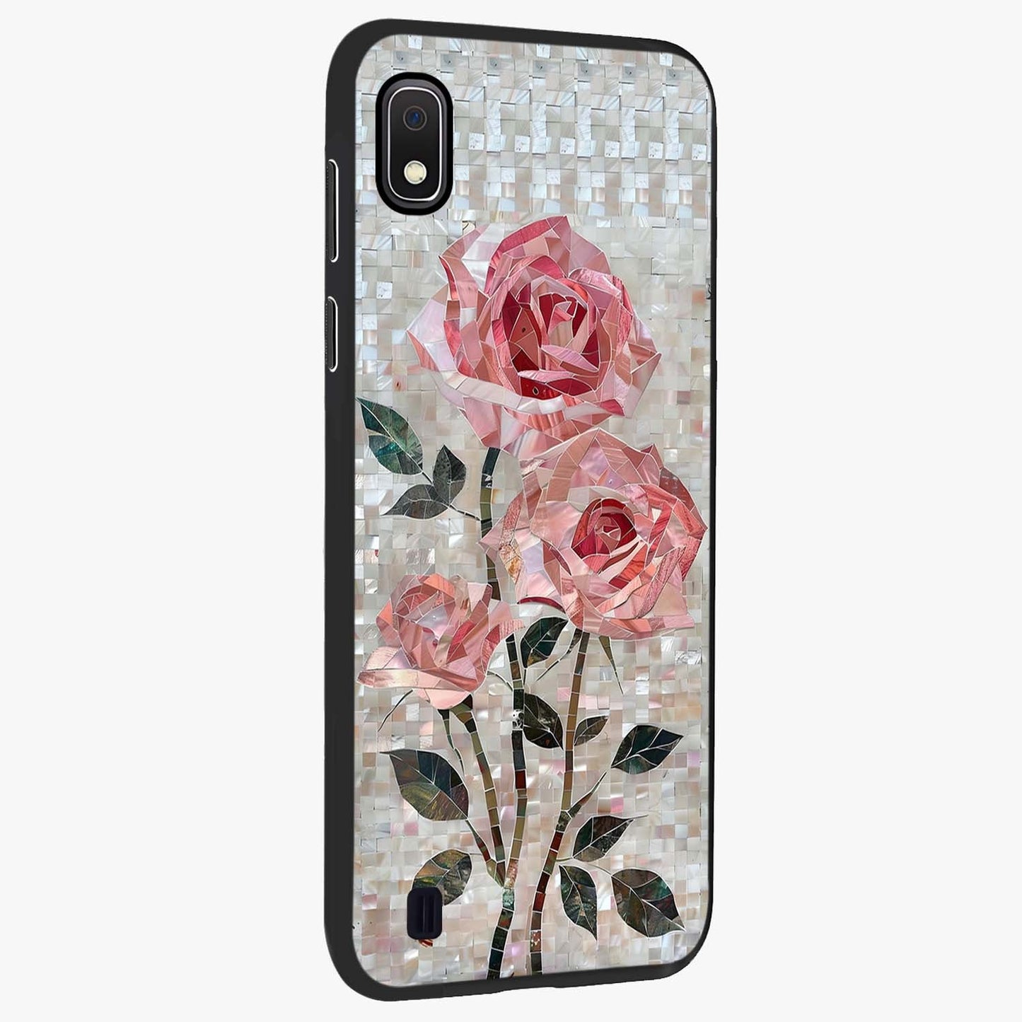 Blush Mosaic Bloom Glass Case upright view showcasing decorative floral mosaic artwork with stylish modern aesthetic.