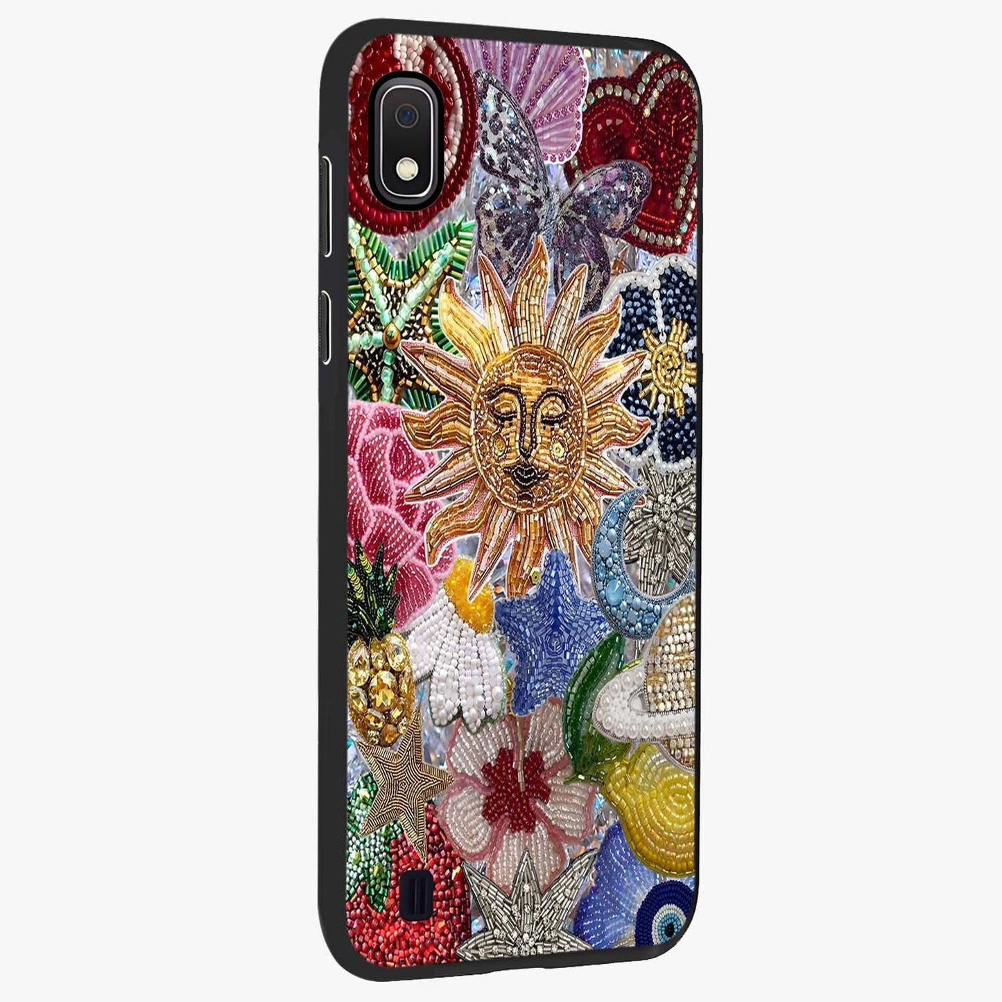 Celestial Floral and Playful Glass Case upright view showcasing whimsical floral artwork with cosmic aesthetic theme.