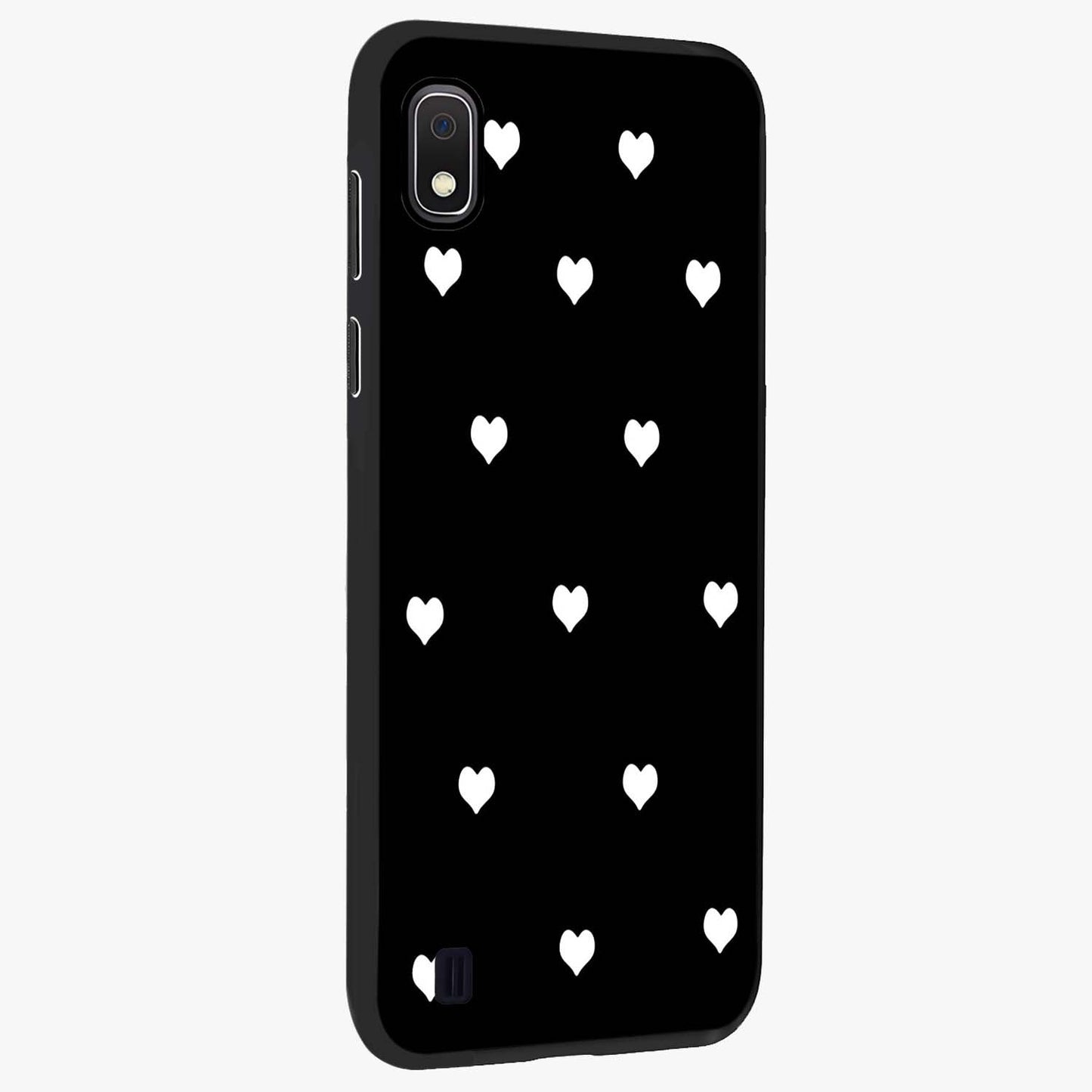 Cute And Simple White Hearts Glass Case upright view showcasing simple white hearts artwork with soft minimal theme.