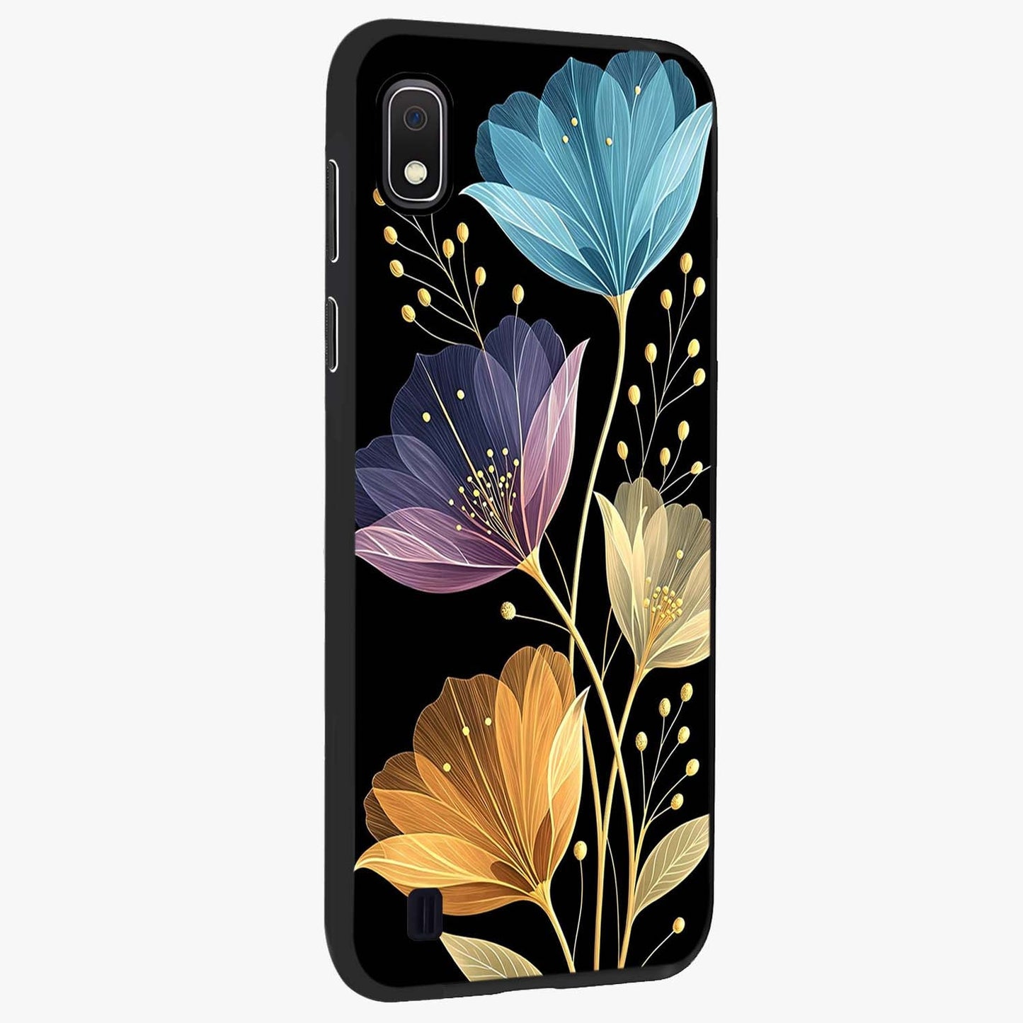 Delicate Multicolor Flowers Glass Case upright view showcasing delicate floral artwork with bright botanical theme.