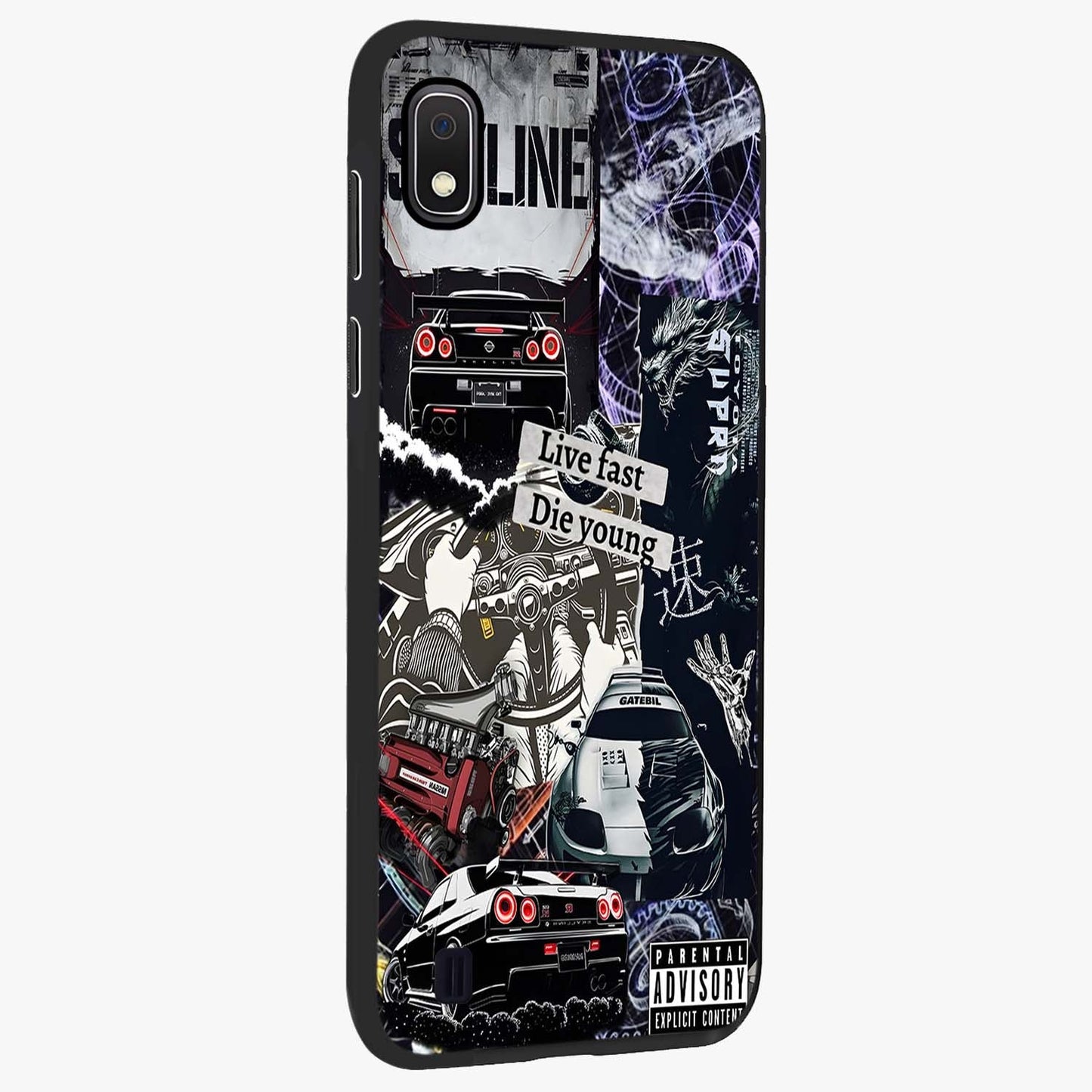Die Young Glass Case upright view showcasing striking typography artwork with modern statement theme.