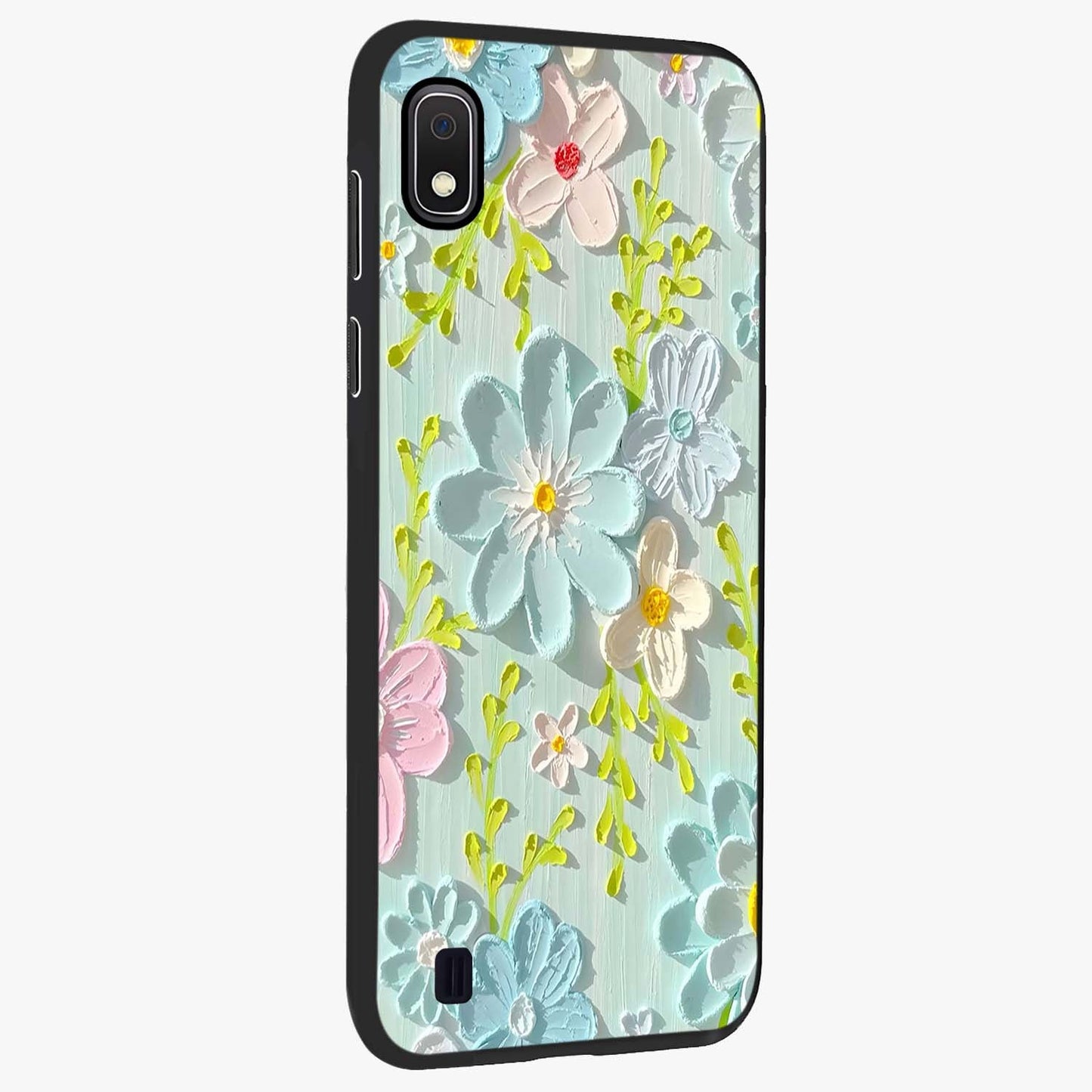 Frosted Petal Garden Glass Case upright view showcasing elegant floral garden artwork with soothing pastel theme.