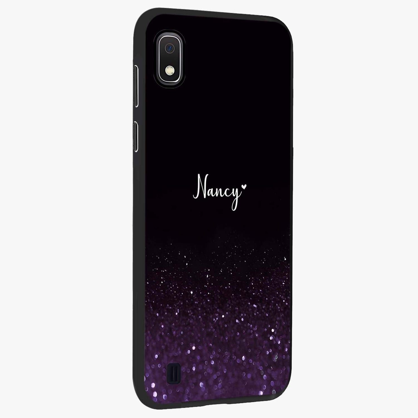 Glittery Purple Bokeh Custom Name Glass Case upright view showcasing vibrant purple sparkle artwork with personalized aesthetic style.