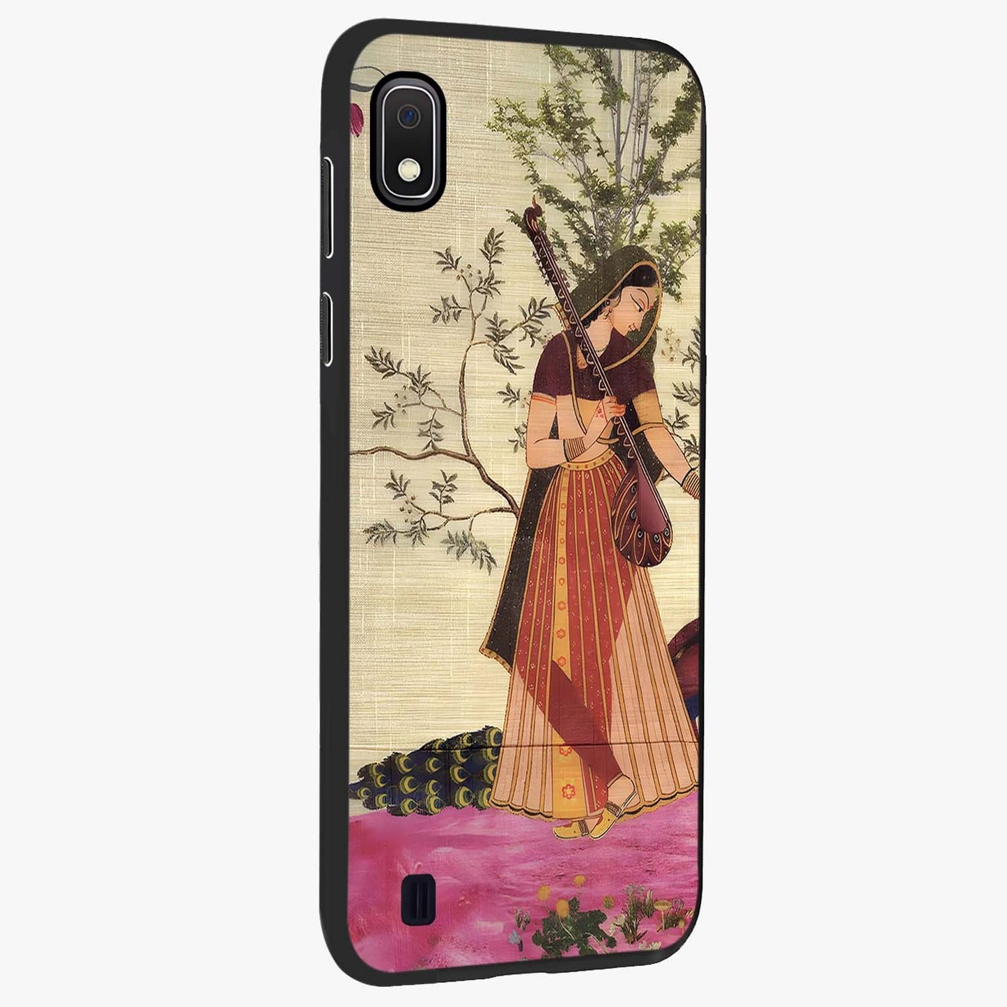 Lady With Veena Art Glass Case upright view showcasing classical veena artwork with traditional artistic theme.
