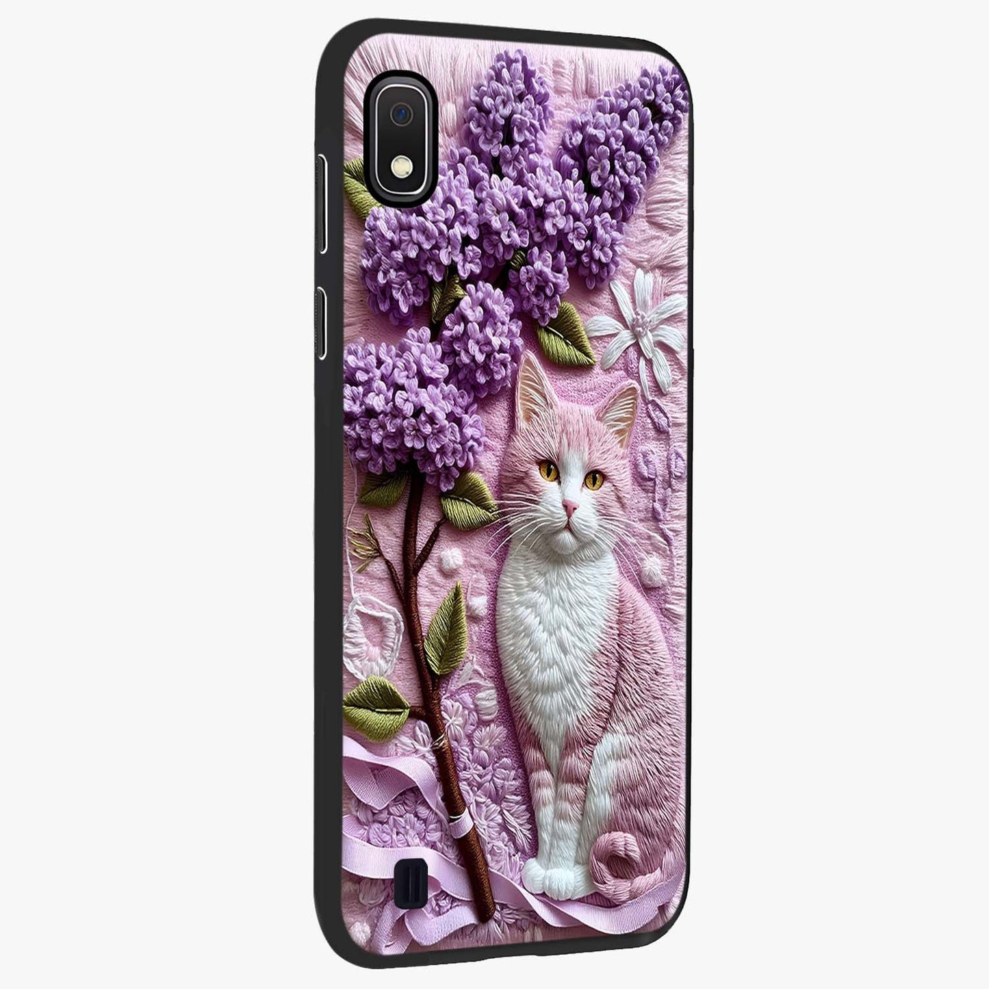 Lavender Cat Whimsy Glass Case upright view showcasing charming cat artwork with whimsical lavender theme.