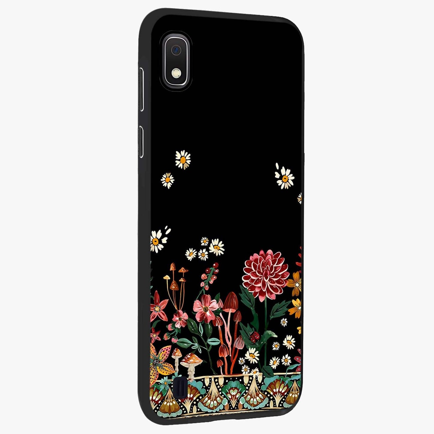 Midnight Bloom Pattern Glass Case upright view showcasing decorative floral artwork with deep night themed palette.