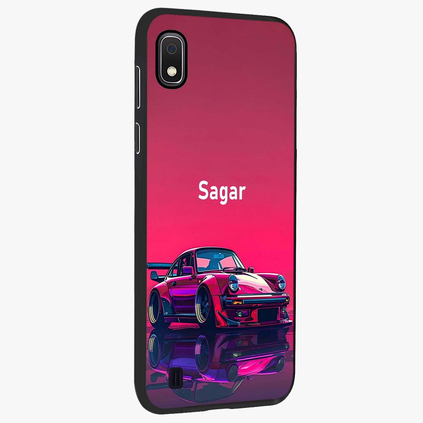 Neon Pink Porsche Glass Case upright view showcasing vibrant sports car artwork with bold automotive theme.