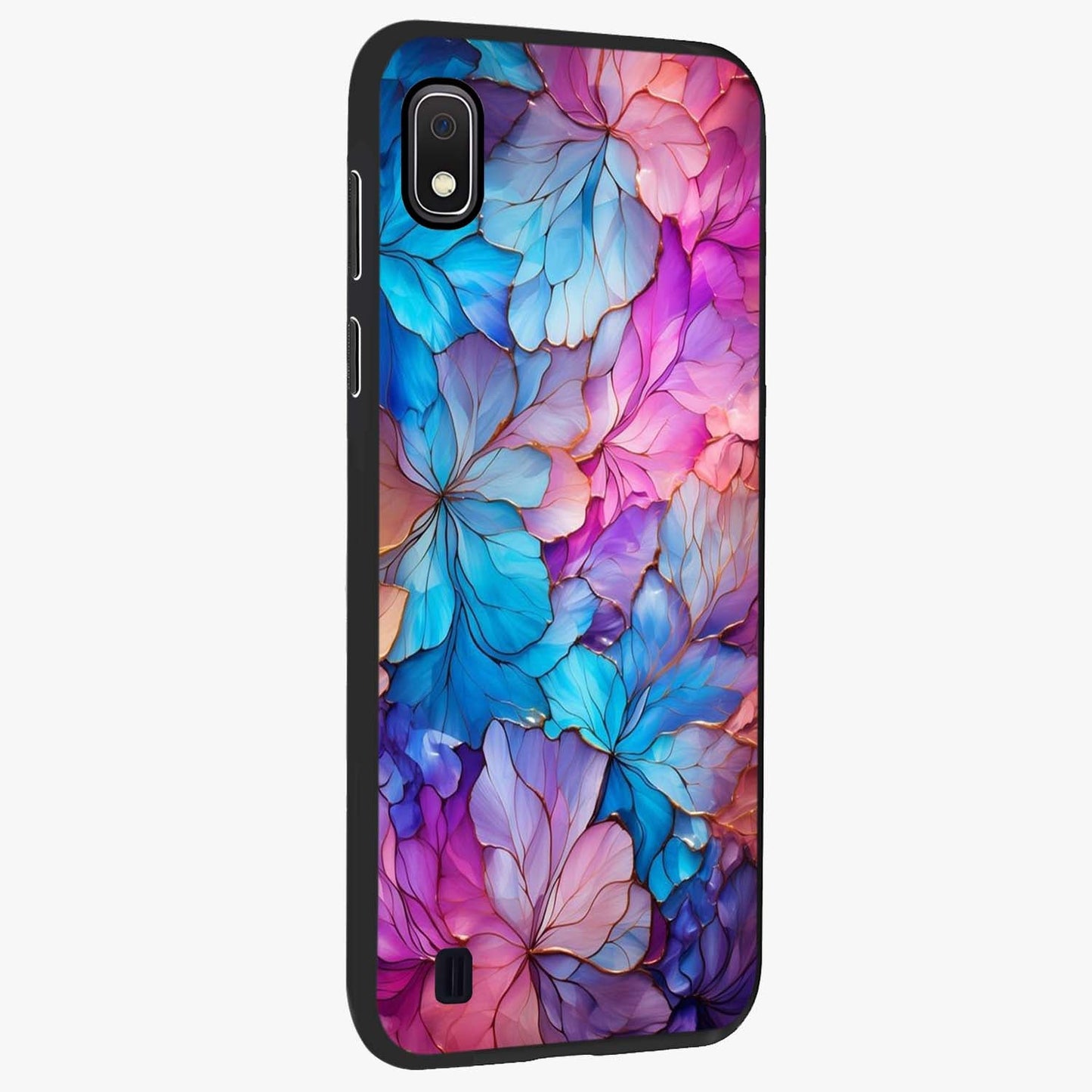 Radiant Floral Whirl Glass Case upright view showcasing lively floral artwork with decorative swirl theme.