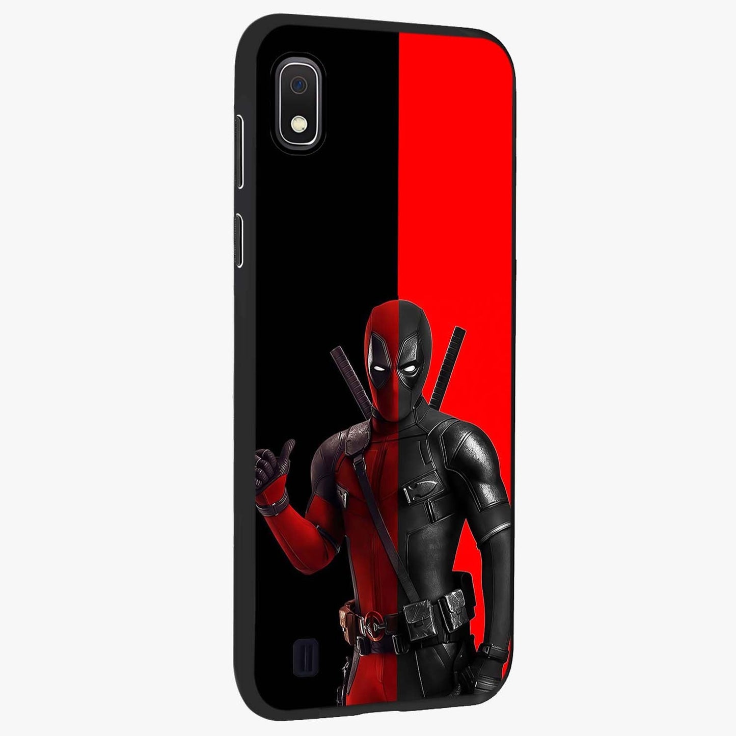 Red & Black Deadpool Theme Glass Case upright view showcasing energetic comic themed artwork with striking red and black design.