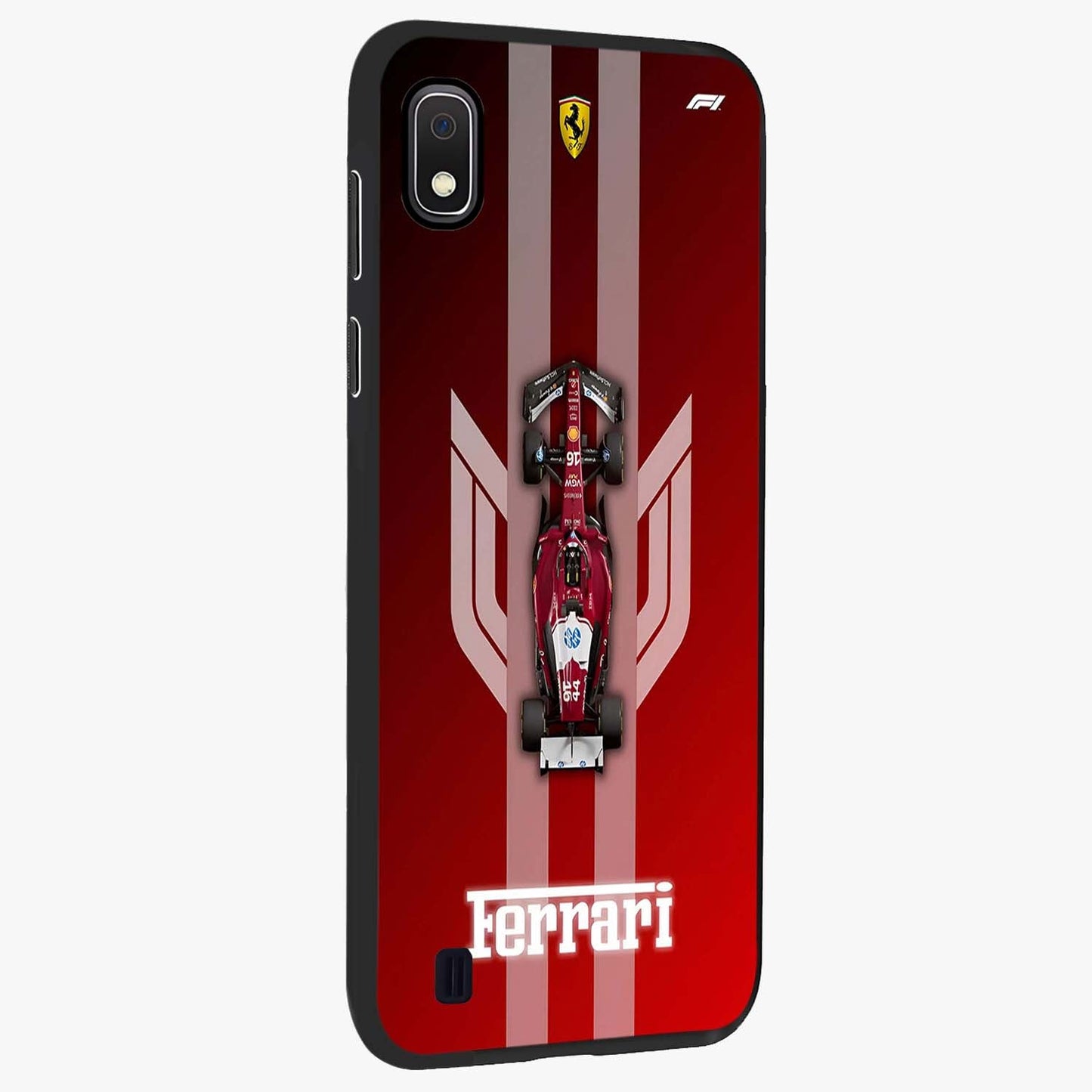 Red Ferrari F1 Vertical Glass Case upright view showcasing powerful Formula car artwork with dynamic motorsport theme.