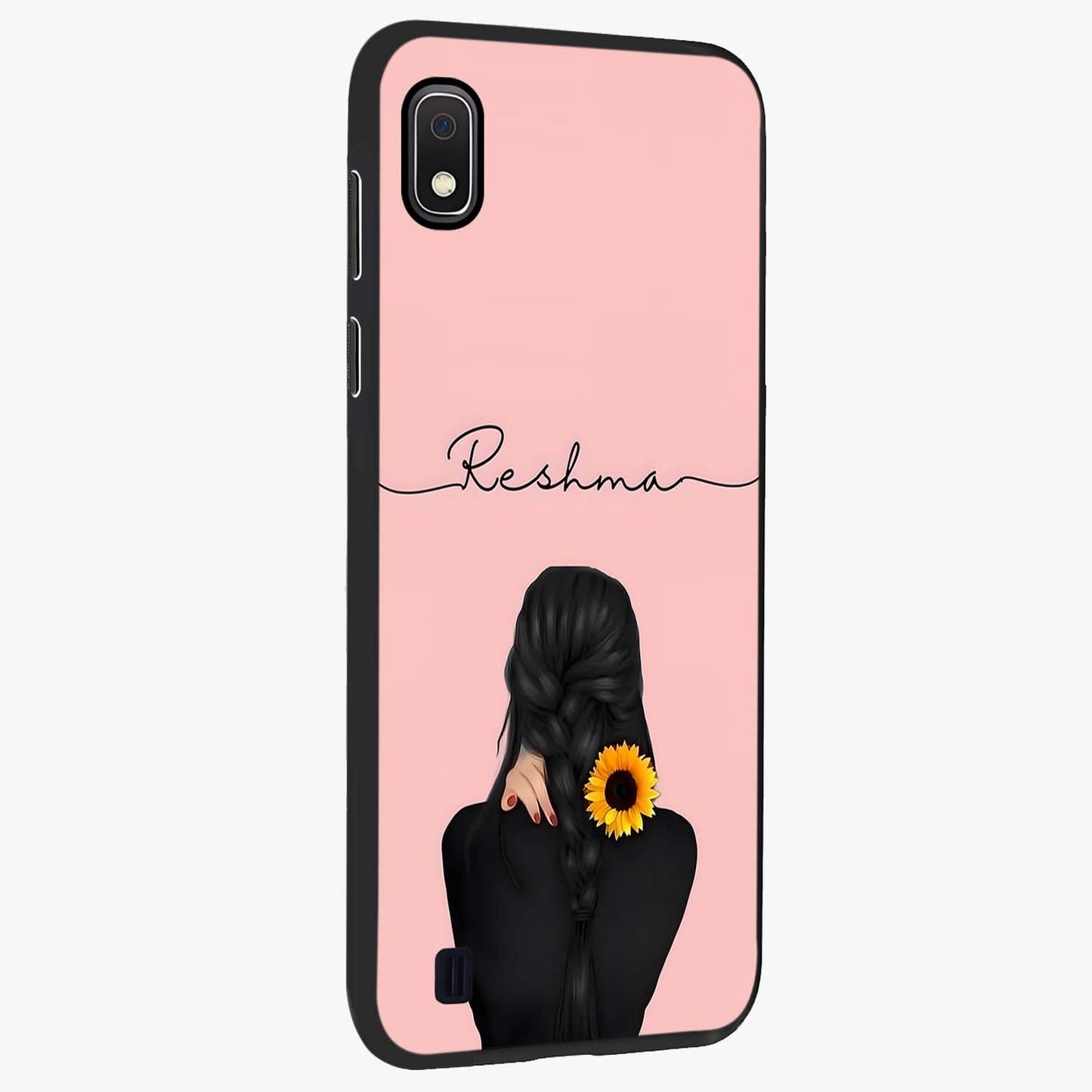 Sunflower Braid Beauty With Custom Name Glass Case upright view showcasing bright sunflower artwork with personalized floral aesthetic.
