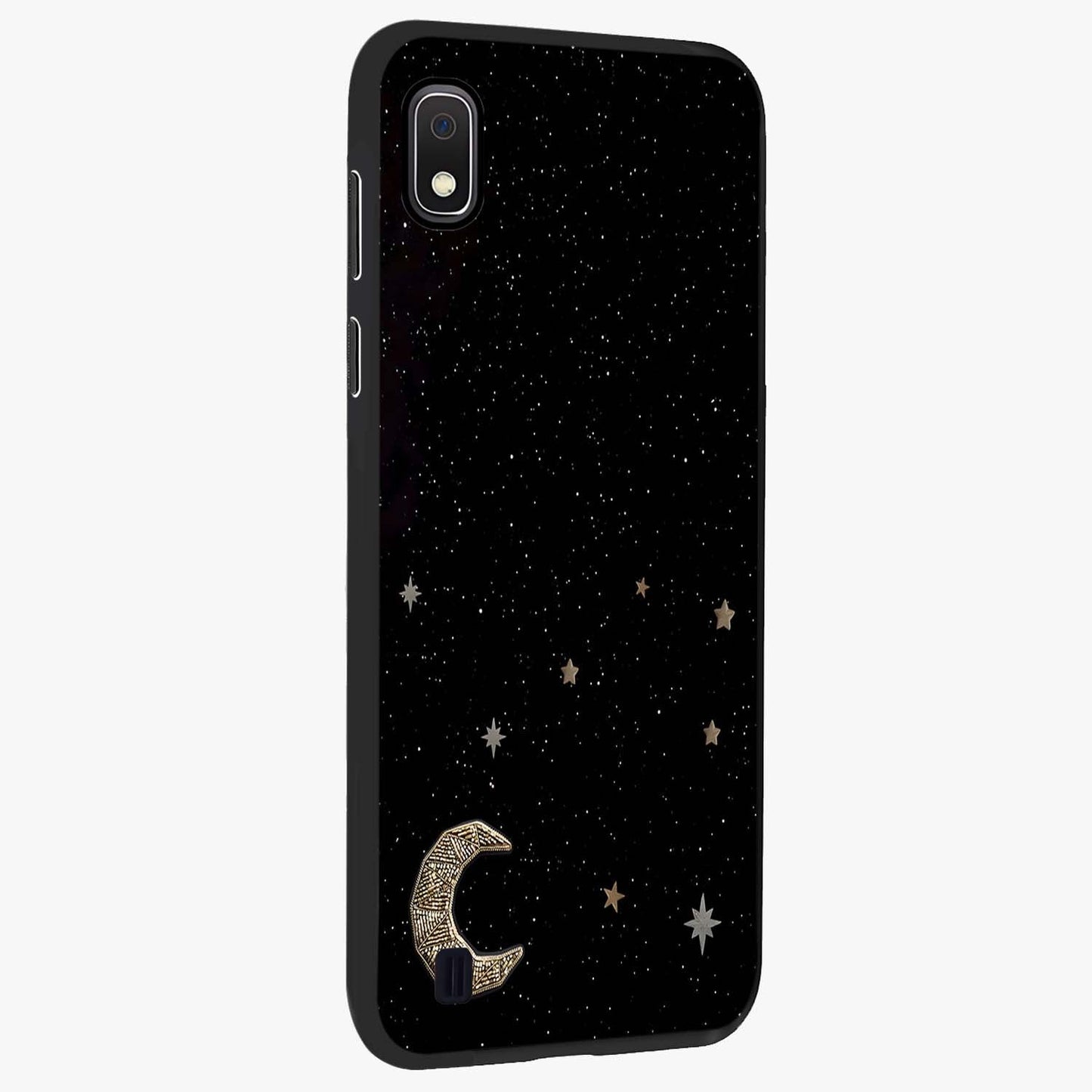 Twinkle Star With Half Moon Glass Case upright view showcasing glowing cosmic artwork with dreamy night theme.