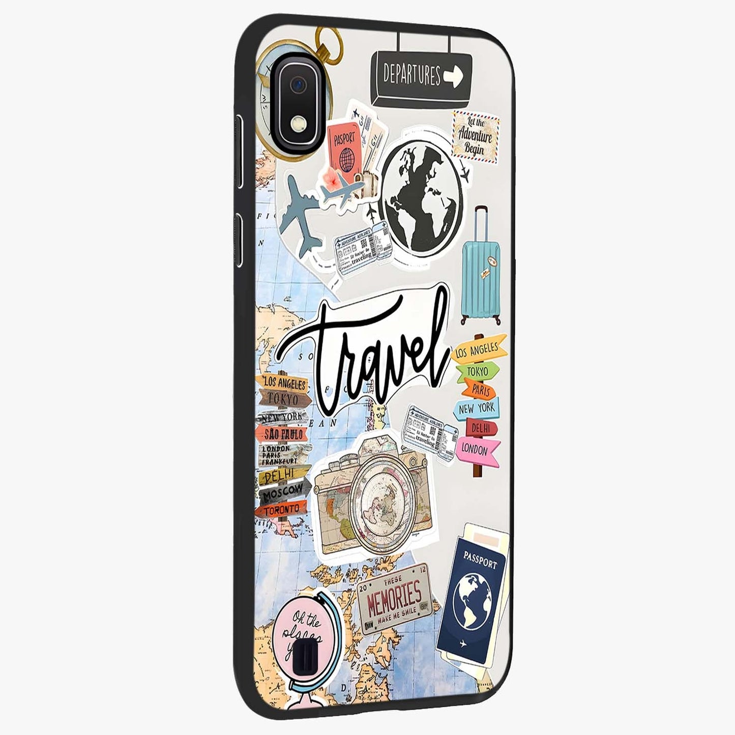 Wanderlust Journal Glass Case upright view showcasing wanderlust inspired artwork with creative exploration theme.