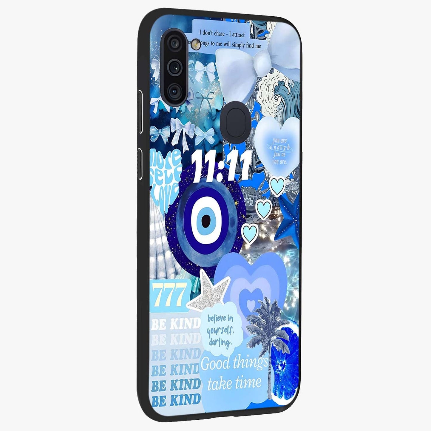 Aesthetic Be Kind Eye Glass Case upright view showcasing stylish eye illustration with positive message theme.