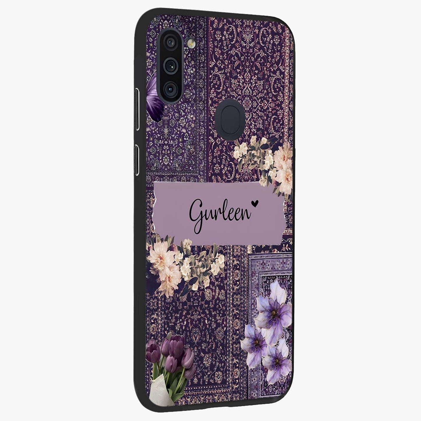 Antique Floral Whisper Custom Name Glass Case upright view showcasing delicate floral artwork with custom name feature.